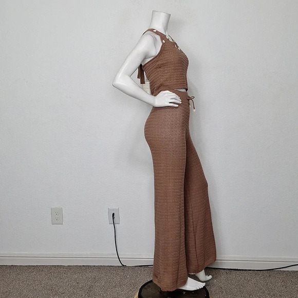 Sincerely Jules *NEW Brown Y2K Crochet Bell Bottom Pants & Halter Top Set Size M - Picture 4 of 10